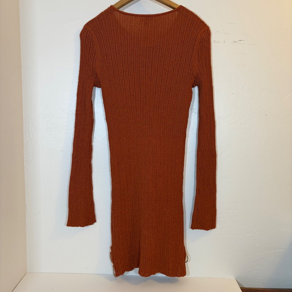 New-POL Ribbed Knit Long Sleeve Mini Dress Rust Orange Gold Ring Side Detail‎ S - Picture 6 of 8